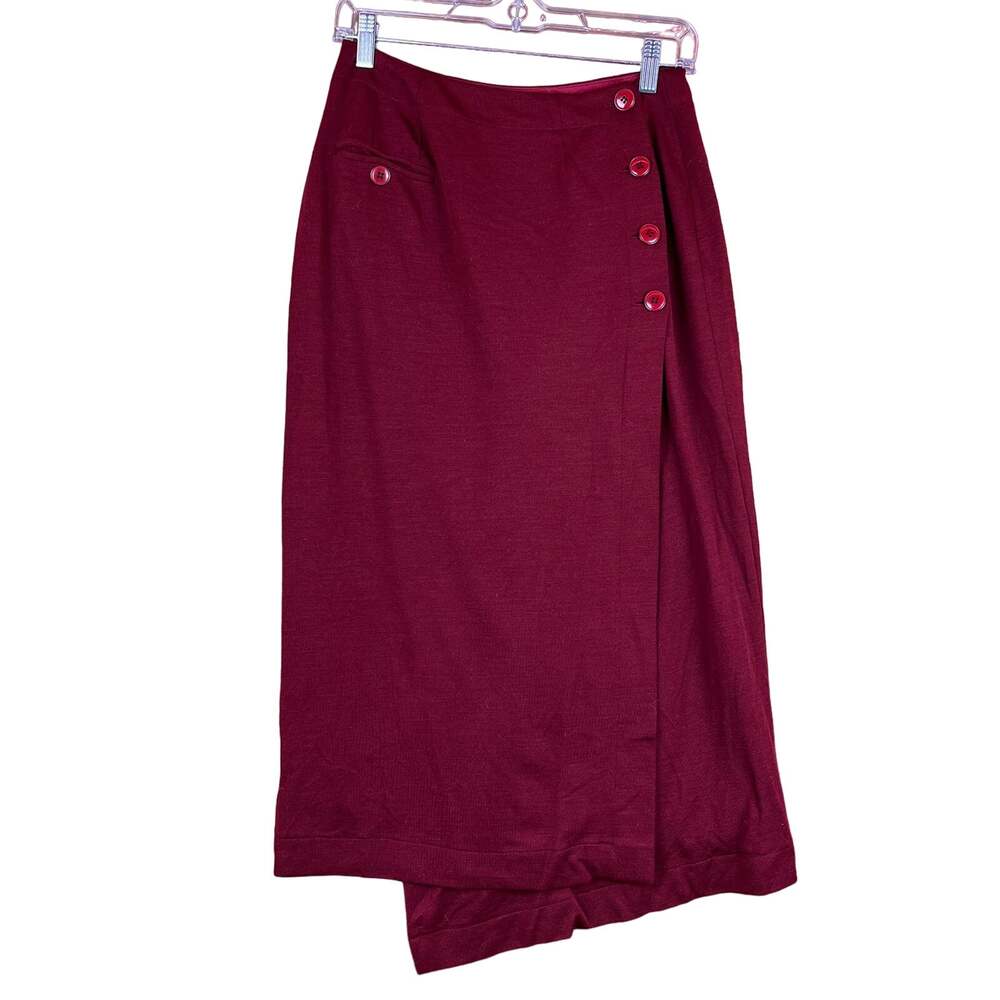 Vintage Kenar Womens Skirt Red 100% Wool Wrap Button Closure Maxi Lined 8